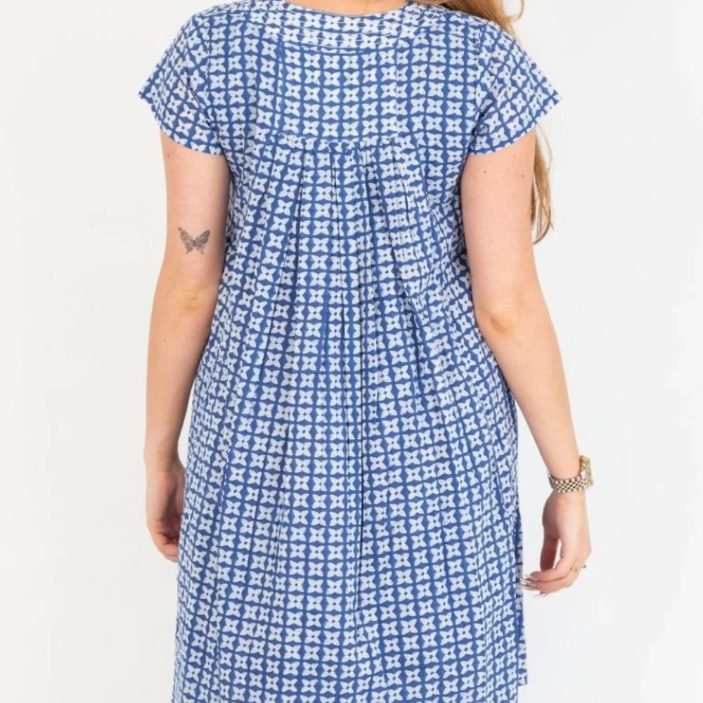 ZEN ETHIC Women's Pistil V Neck A Line Blue White Block Print Patterned Dress L - Picture 13 of 16